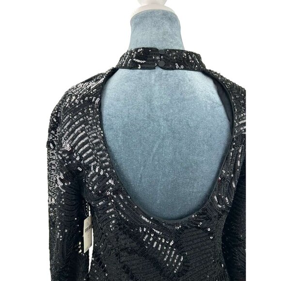 NWT Anthropologie Maeve Womens Large Dress Mini Sequin Mock Neck Black Open Back - Picture 13 of 16